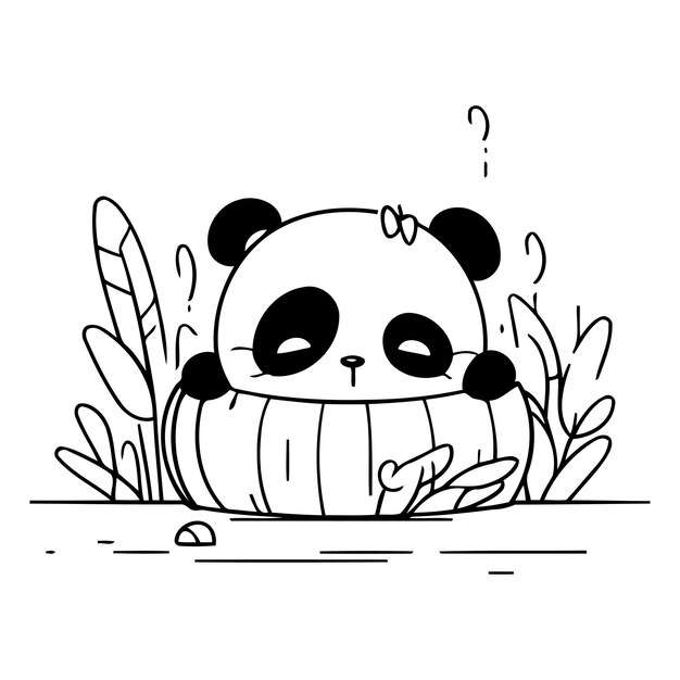 Vector cute panda bear sitting on a wooden stump vector illustration