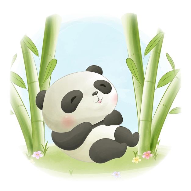 Vector cute panda bear with bamboo