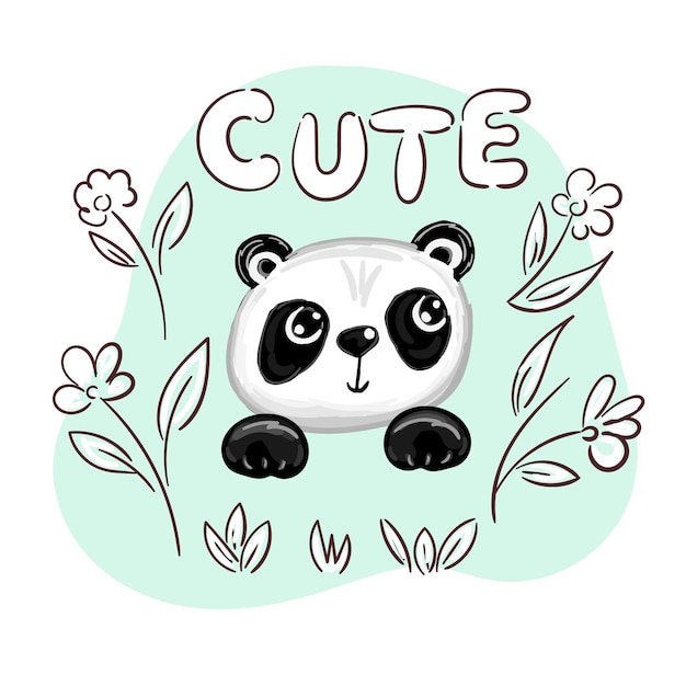 Cute panda bear with flowers and text vector cartoon for kids or babies t shirt design fashion print graphic