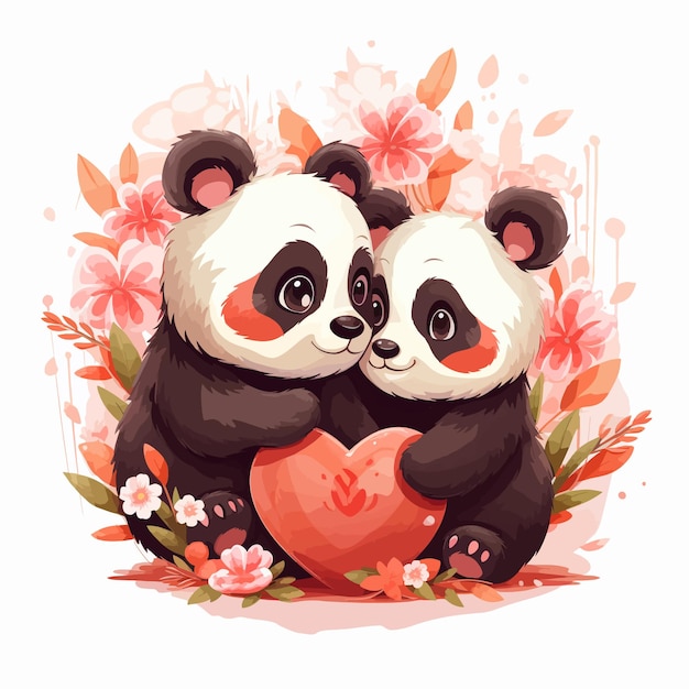 Cute panda bears couple hugging vector illustration