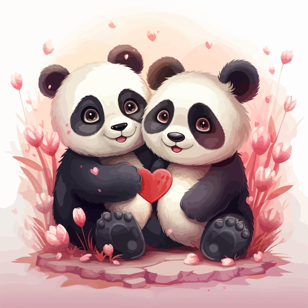 Cute panda bears couple hugging vector illustration