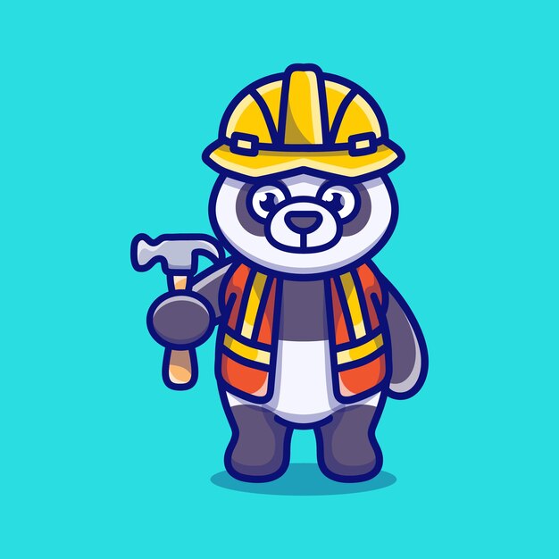 Vector cute panda builder carrying hammer