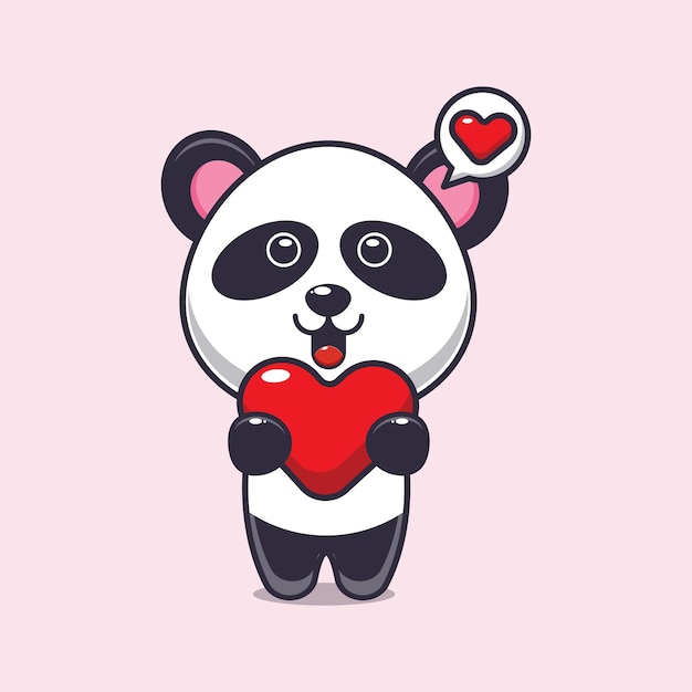 Simpatico personaggio dei cartoni animati di panda che tiene il cuore di amore