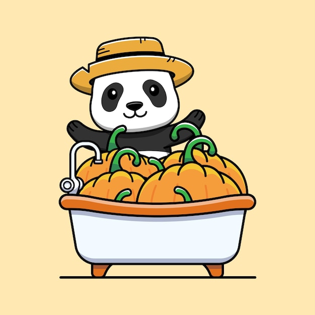 Вектор Милый персонаж мультфильма панда в ванне с векторной иллюстрацией тыквы