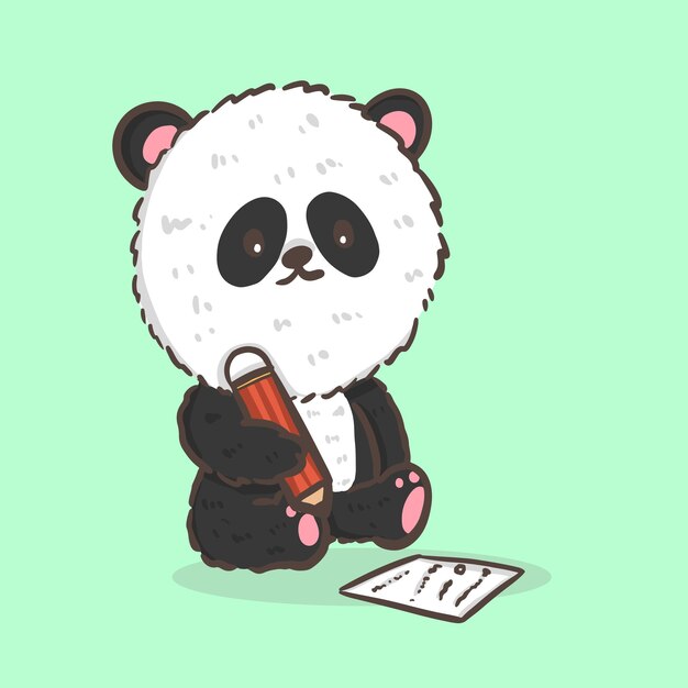 Studente sveglio del personaggio dei cartoni animati del panda che studia e che scrive sull'illustrazione del taccuino torna al concetto di scuola