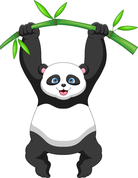 Simpatico cartone animato panda appeso a un albero di bambù