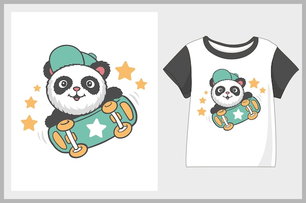 Cute panda cartoon tshirt design playing skateboard