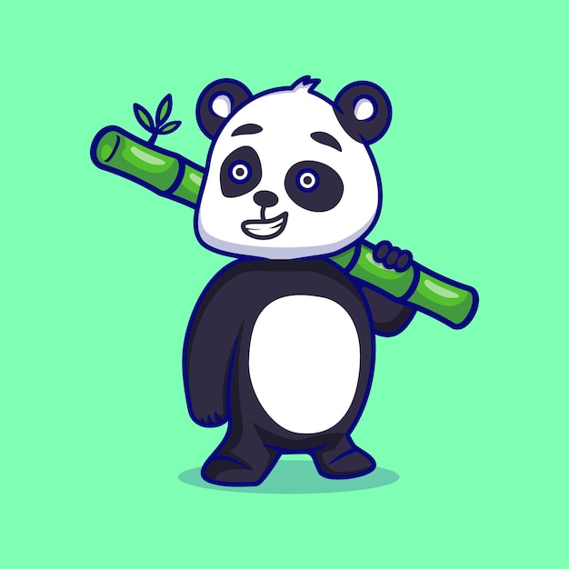 緑の竹を保持しているかわいいパンダ漫画のベクトルのデザイン
