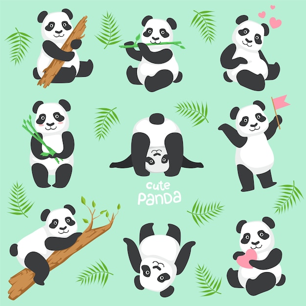 Вектор Набор символов милой панды в разных ситуациях