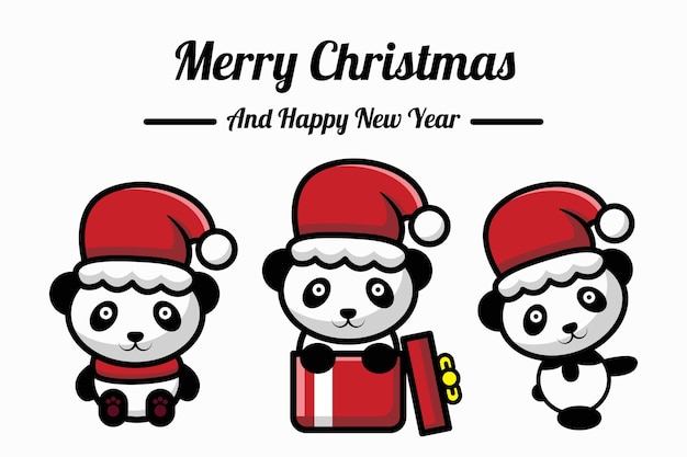 かわいいパンダのキャラクターメリークリスマスと新年あけましておめでとうございますバナー