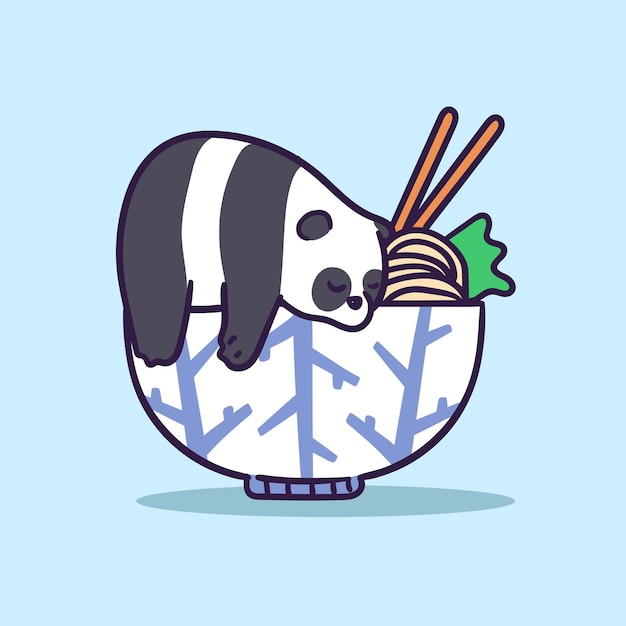 Cute panda character sleep op een kom met ramen illustratie