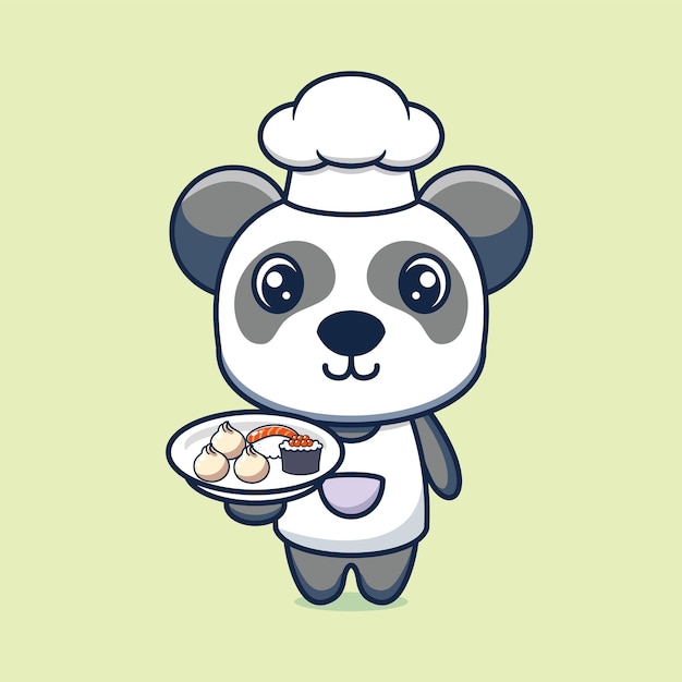 Simpatico personaggio dei cartoni animati di panda chef con cibo giapponese