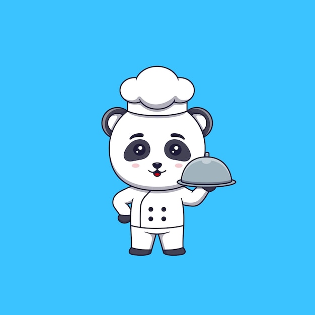 Simpatico chef panda che tiene la cloche del ristorante