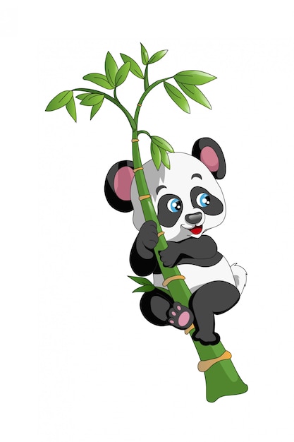 Panda carino si arrampica sull'albero di bambù, divertente, disegno a mano