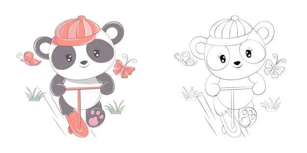 Cute Panda Clipart for Coloring Page and Illustration.  Happy Animal Illustration on a Scooter.