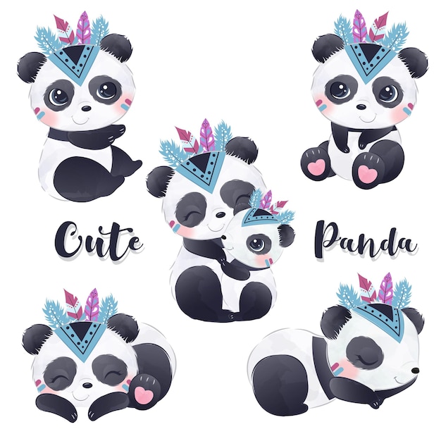 Simpatico panda clipart nell'illustrazione dell'acquerello