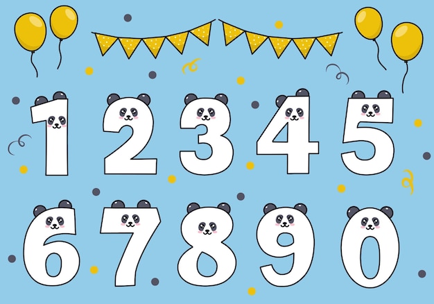 Cute panda collection with numbering for birthday party kid education ornament Animal font