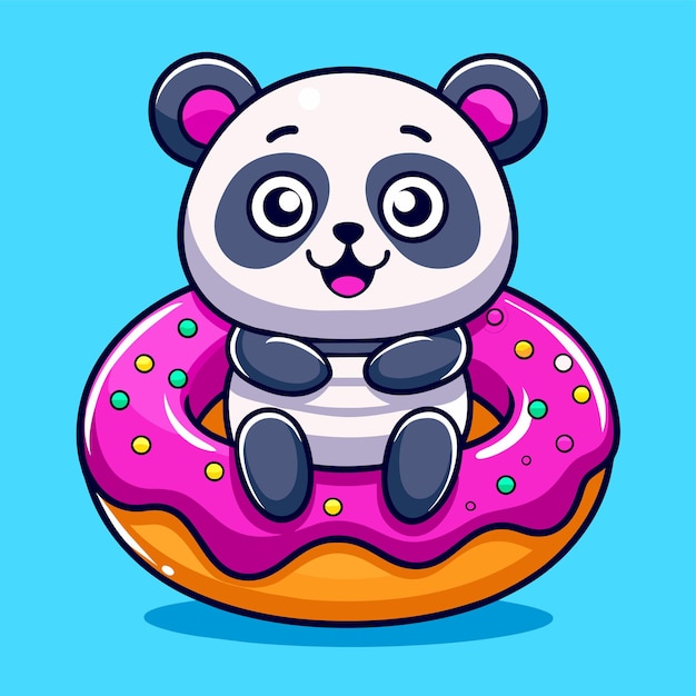 Cute panda in the donut hand drawn mascot cartoon character sticker icon concept isolated