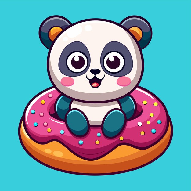 Cute panda in the donut hand drawn mascot cartoon character sticker icon concept isolated