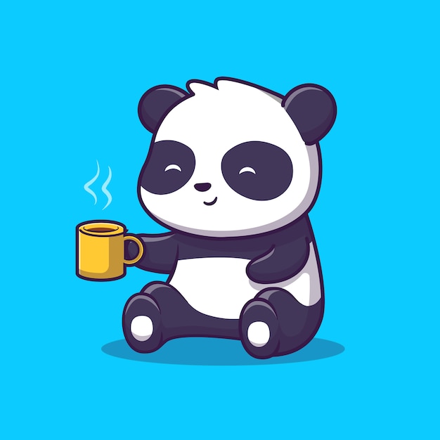 Cute Panda Drink Coffee   Icon Illustration. Panda And Cup Of Coffee, Animal Icon Concept Isolated