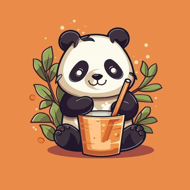Vector cute panda drinking boba milk tea vector illustration