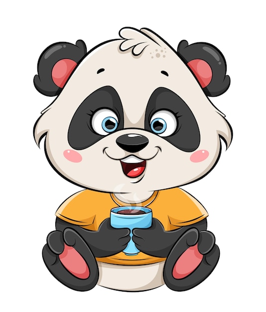 Vector cute panda drinking hot coffee