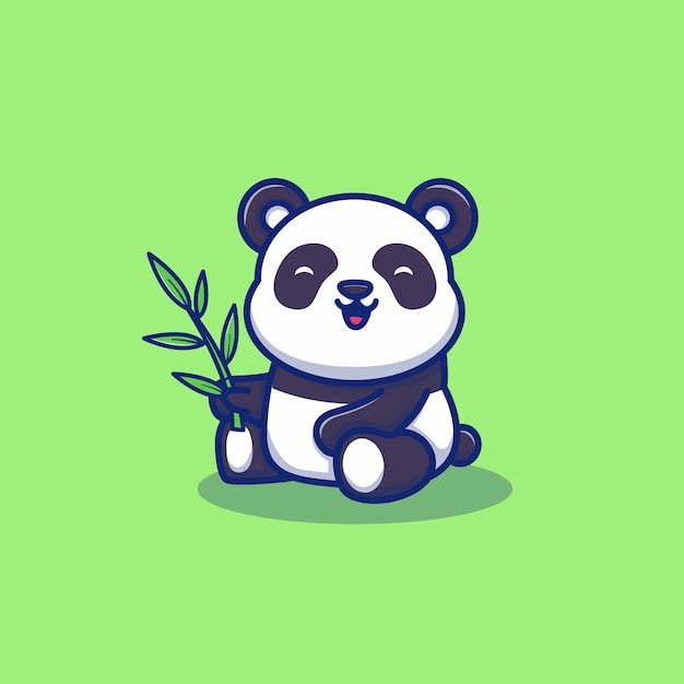 Cute Panda Eat Bamboo Cartoon   Icon Illustration. Animal Icon Concept Isolated    . Flat Cartoon Style