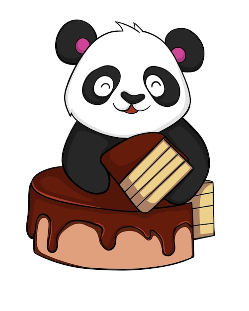 Vector cute panda eating chocolate cake