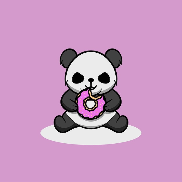 Cute panda eating donut cartoon illustration