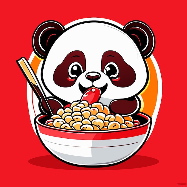 a cute panda eating fried chicken rice in a big bo