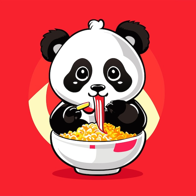 a cute panda eating fried chicken rice in a big bo