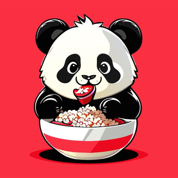 a cute panda eating fried chicken rice in a big bo