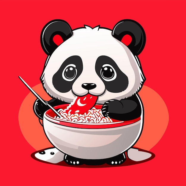 a cute panda eating fried chicken rice in a big bo