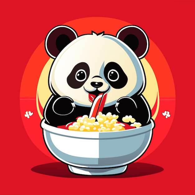 a cute panda eating fried chicken rice in a big bo