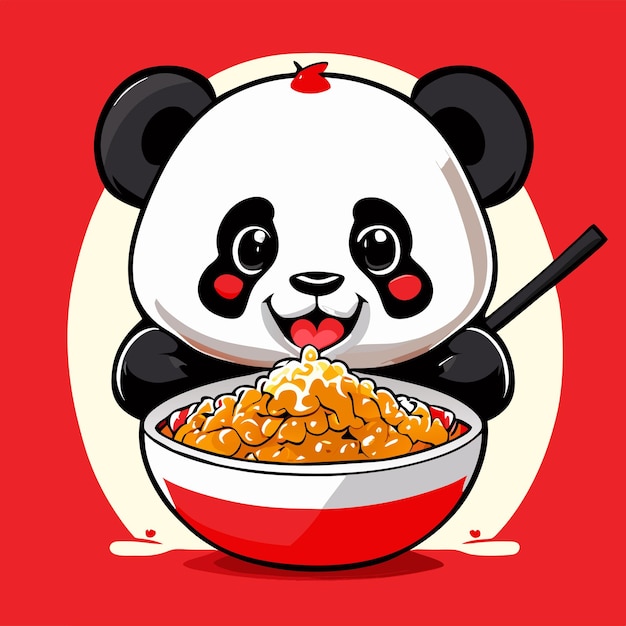 a cute panda eating fried chicken rice in a big bo