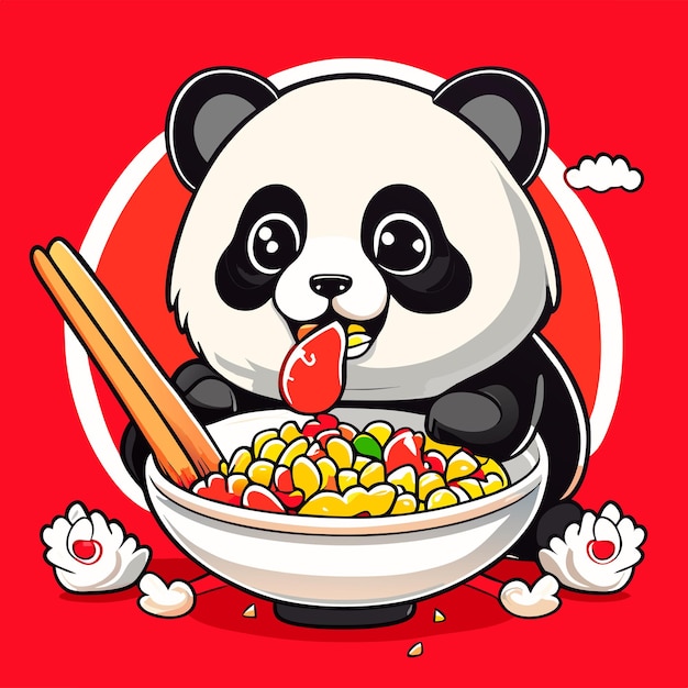 a cute panda eating fried chicken rice in a big bo