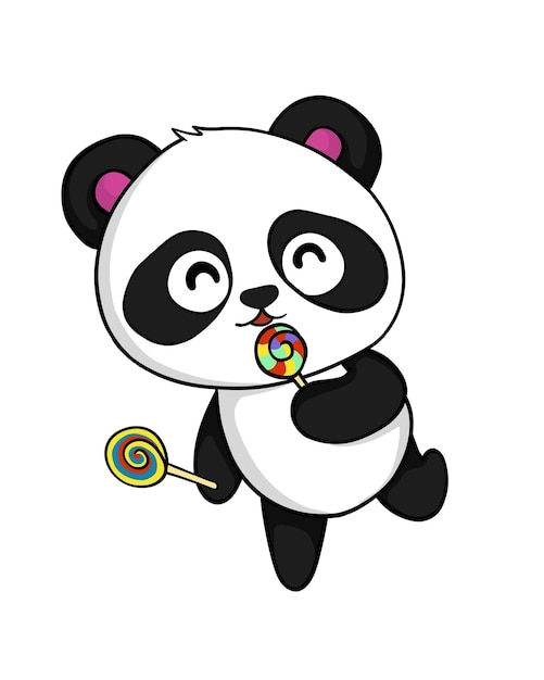 Vector cute panda eating lollipop