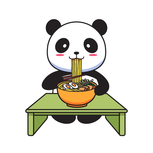 Vettore panda carino mangiare noodles