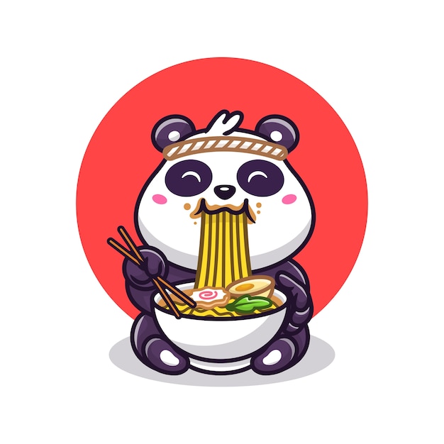 Panda sveglio che mangia l'illustrazione di vettore del fumetto della tagliatella di ramen. concetto di cibo animale vettore isolato. stile cartone animato piatto