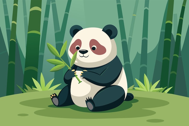 Cuccio panda che mangia vettore panda che mangia bambù in un'illustrazione di foresta di bambù