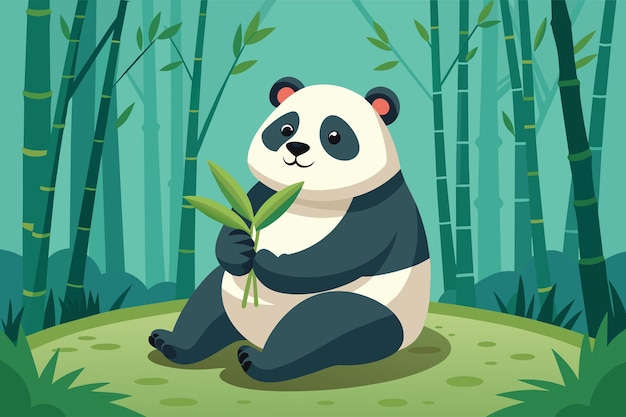 バンブー森のイラストでパンダが竹を食べている