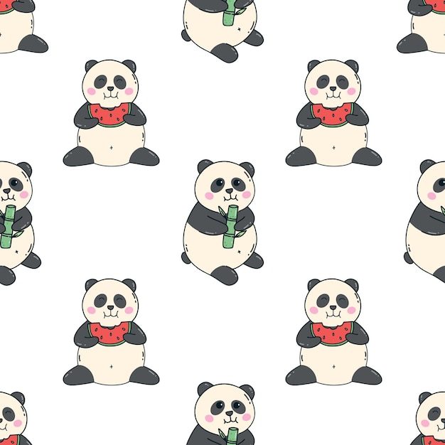 원활한 패턴으로 수박과 대나무를 먹는 귀여운 팬더