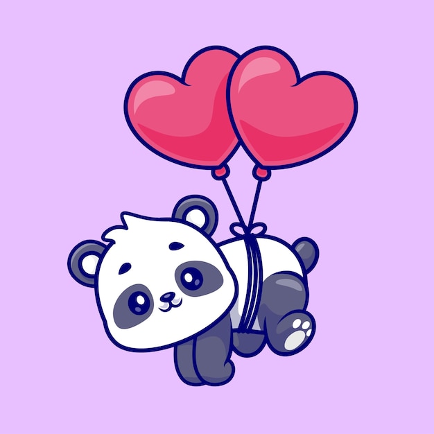 Cute Panda Floating With Love Balloon Cartoon Vector Icon Illustration Animal Holiday Isolated Flat