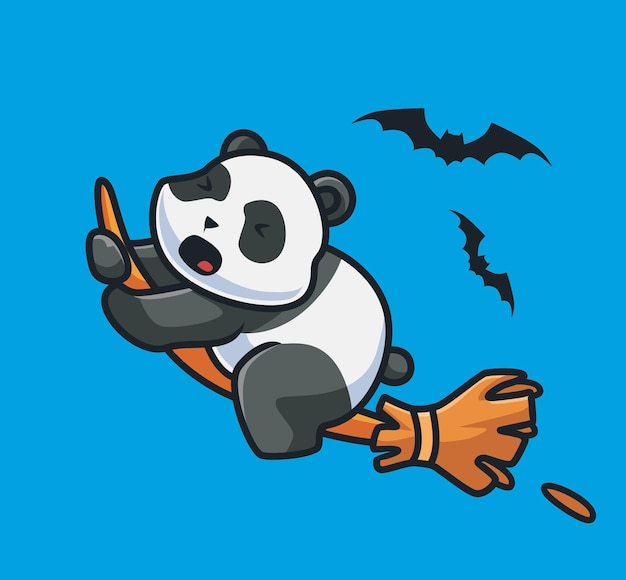 Милая панда, летящая с волшебной метлой. мультфильм животных хэллоуин концепция события изолированные иллюстрации. плоский стиль, подходящий для дизайна стикеров, иконок премиум-логотипов. талисман