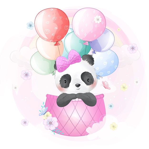 Cute panda flying with air balloon