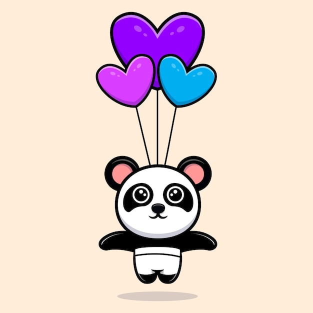 Cute panda flying with heart balloon cartoon mascot