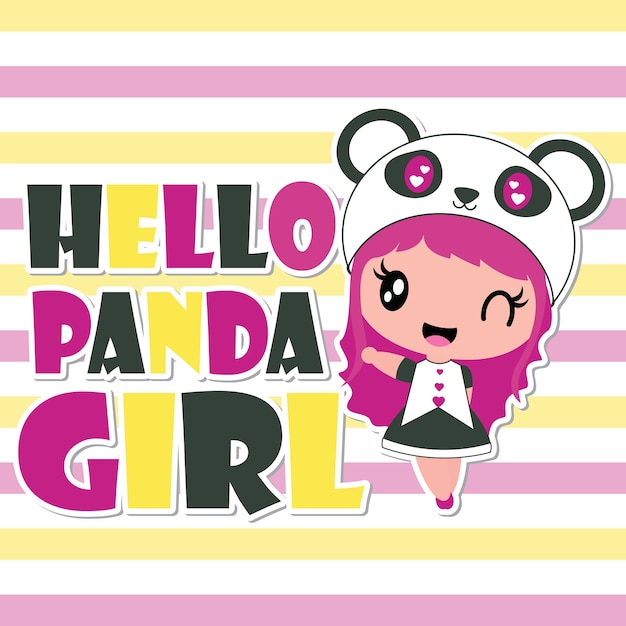 Vector cute panda girl says hello vector cartoon illustration