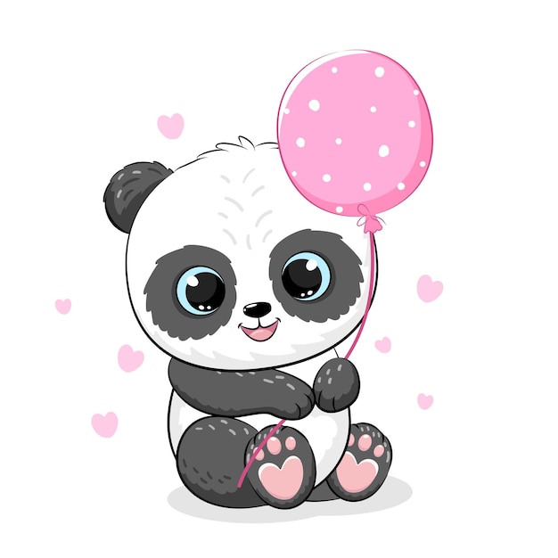 Vettore ragazza carina panda con palloncini. illustrazione vettoriale di un cartone animato.