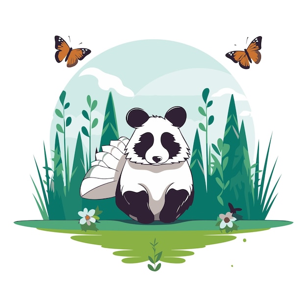 Vector cute panda in the grass with butterflies vector illustration graphic design