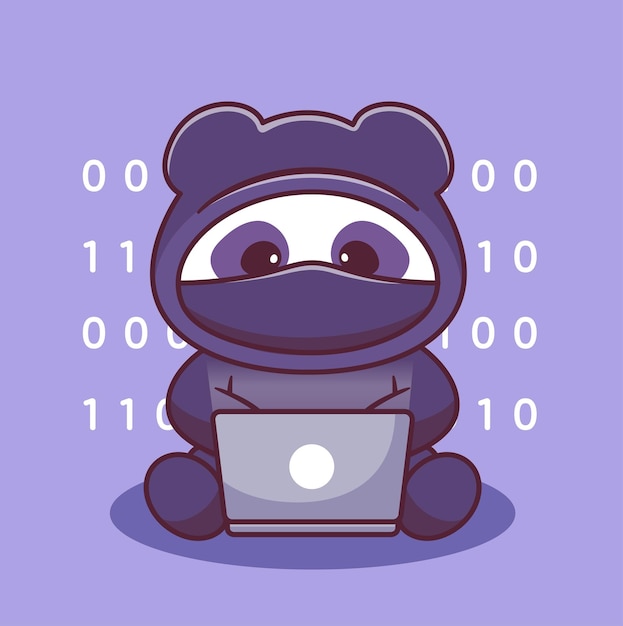 Vector cute panda hacker operating laptop mascot technology logo